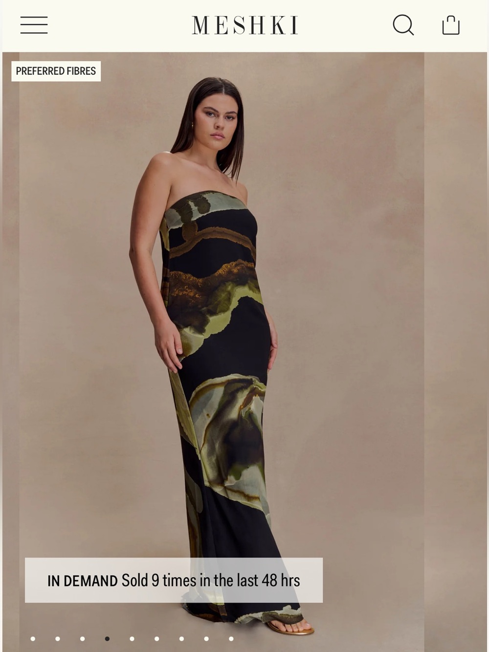Meshki Strapless Marble-Print Evening Gown in Black and Olive